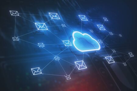 Creative email network and digital cloud interface. Cloud computing and communication concept. 3D Rendering の写真素材