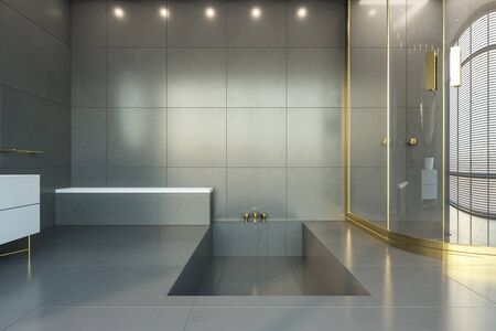 Contemporary grey tile bathroom interior with appliances, city view and daylight. Design, apartment and hotel concept. 3D Rendering の写真素材