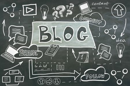Blog and management concept. Creative colorful business sketch on chalkboard background. 3D Renderingの写真素材