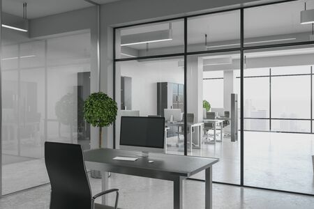 White coworking office interior with equipment, furniture, glass, reflections and concrete floor. 3D Rendering の写真素材