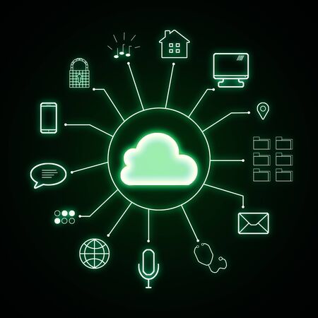 Glowing cloud interface on dark background. Cloud computing and tech concept. 3D Rendering