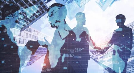 Meeting of businesspeople on abstract city background with map. Teamwork and global concept. Multiexposureの写真素材