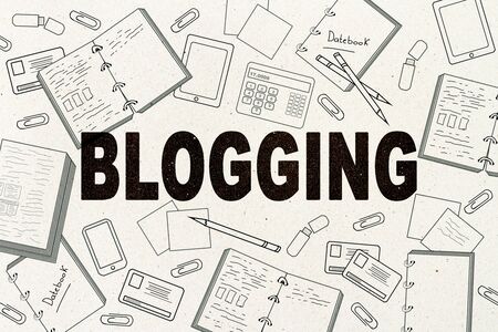 Creative blogging sketch on white wall background. Blog and media concept. 3D Renderingの写真素材