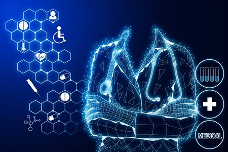 Abstract glowing medical hologram with polygonal doctor. Medicine and innovation concept. 3D Rendering の写真素材