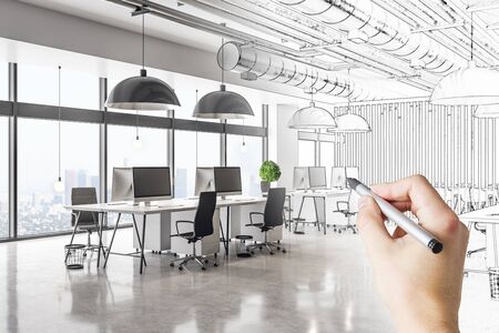 Modern hand drawn meeting room office interior with city view and daylight. Architecture and drawing concept.の写真素材