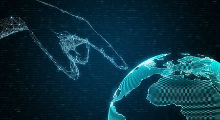 Abstract digital hand pointing at globe on dark coding background. AI and technology concept. 3D...