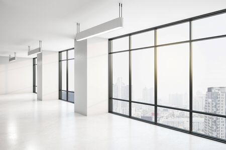 Side view of concrete empty office interior with city view and daylight. 3D Rendering 