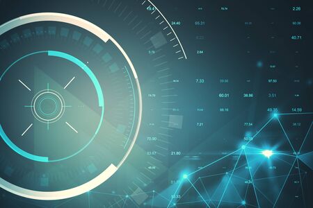 Digital business interface on blurry blue background. Technology and ai concept. 3D Rendering
