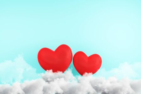 Creative red hearts on clouds. Subtle blue wall background. Love and creativity concept. 3D Rendering の写真素材
