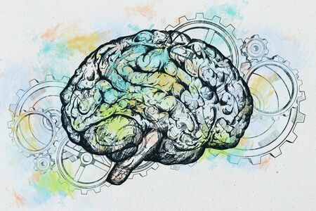 Abstract brain and gears outline sketch on white background. Perspective and intelligence concept. 3D Renderingの写真素材