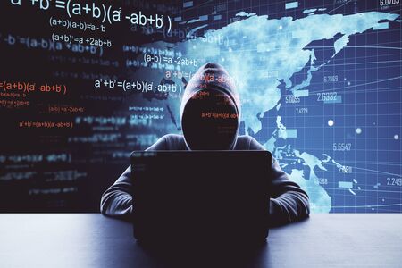 hacker using laptop with big data and  mathematical formulas hologram. Technology and innovation...