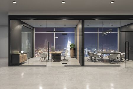 Contemporary office interior with night Kuala Lumpur city view, furniture and equipment. 3D Renderingの写真素材