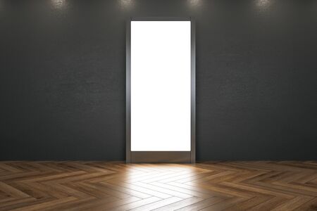 Modern museum interior with illuminated banner and reflections on wooden floor. Mock up, 3D Renderingの写真素材