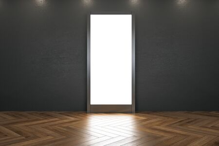 Modern museum interior with illuminated banner and reflections on wooden floor. Mock up, 3D Rendering