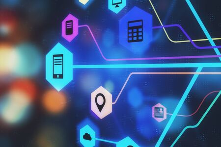 Technology and innovation concept. Creative digital business interface on blurry dark bokeh background.  Multiexposure, 3D Renderingの写真素材