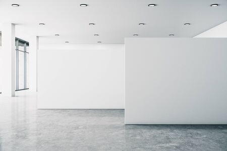 Minimalistic white gallery interior with empty poster, city view and daylight. Concrete floor. Mock up, 3D Renderingの写真素材