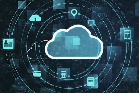 Creative glowing cloud computing diagram. Cloud computing and communication concept. 3D Rendering
