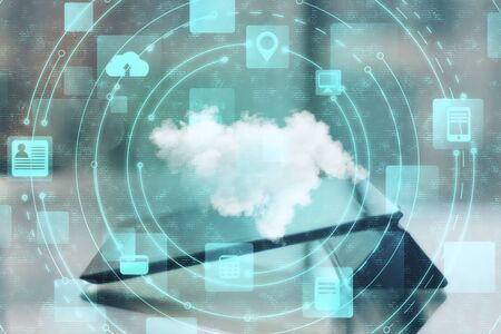 Tablet with cloud computing diagram. Cloud computing and network concept.の写真素材