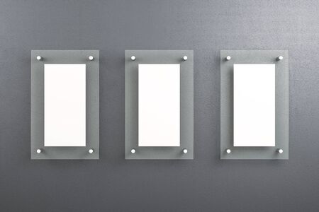 Blank white three glassy signboard on gray concrete wall, mock up. 3D Rendering
