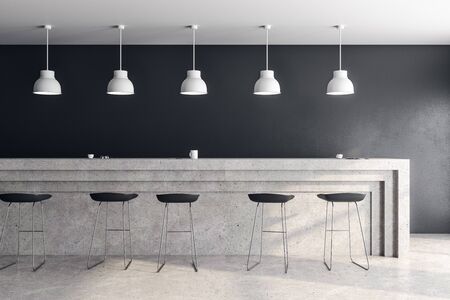 Bar counter with chairs, concrete floor and lamps. 3D Rendering