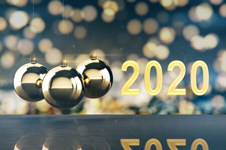 Gold christmas decorations and 2020 new year text of de-focused lights background. Mock up, 3D...