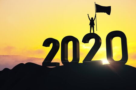 Happy businesswoman with flag standing on 2020 new year text. Success and startup concept.