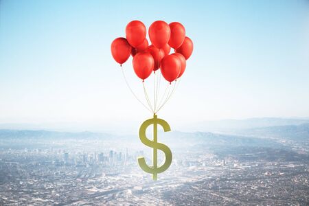 Flying dollar symbol on red balloons over modern buildings. Finance and trade concept. Mock up, 3D Renderingの写真素材