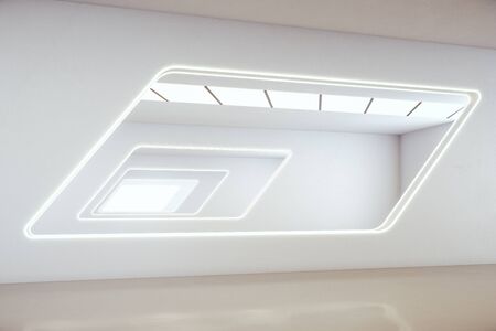 Futuristic white gallery interior with abstract light window. Innovation and modern concept. Mock...