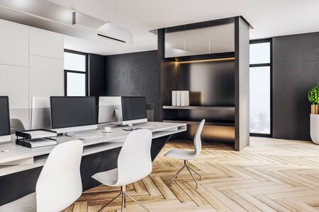 Executive workplace in a modern interior. Technology and communication concept. 3D Rendering