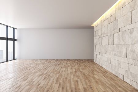 Concrete office interior with panoramic city view and copy space. 3D Rendering