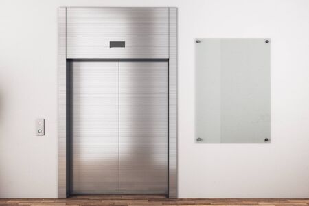 White contemporary interior with elevator and blank glass poster. Mock up, 3D Renderingの写真素材