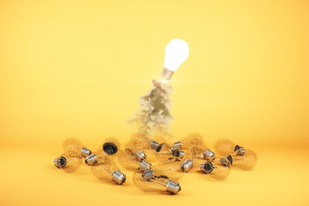 Flying with launching lamp on yellow background. Confidence and success concept. 3D Renderingの写真素材