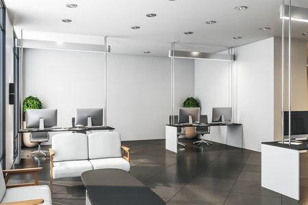 Modern coworking office in white classic interior with concrete floor. Workplace concept. Mock up, 3D Renderingの写真素材