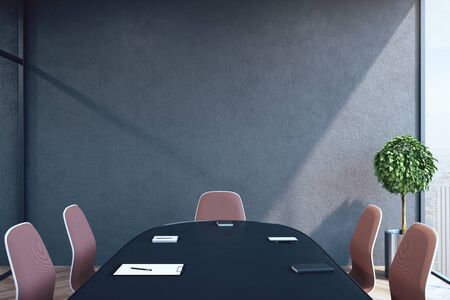 Contemporary conference interior with office accessories and wooden floor.  Business and teamwork...