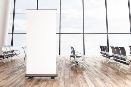 Airport waiting area with billboard and chairs. Lounge and travel concept. 3D Renderingの写真素材