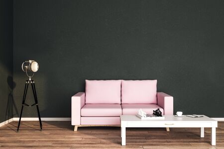 Modern living room interior with leather pink sofa, lamp and wooden coffee table. 3D Renderingの写真素材