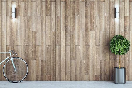 Minimalistic hipster interior with bicycle and wooden wall. 3D Renderingの写真素材