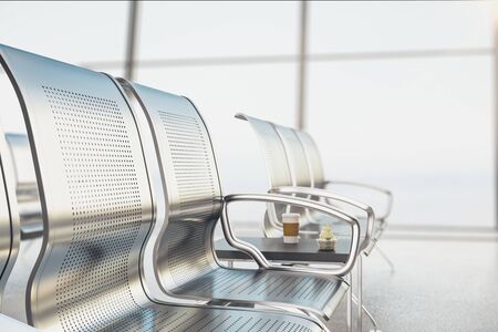 Contemporary airport waiting area with metal chair. Lounge and travel concept. Close up.  3D Renderingの写真素材