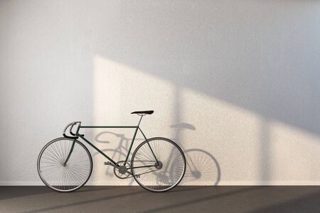 Minimalistic hipster interior with bicycle and white concrete wall. 3D Renderingの写真素材