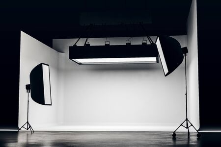 Photo studio with professional lighting equipment and white background. Photgraphy concept. 3D Renderingの写真素材