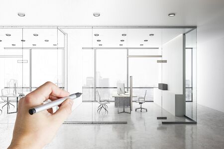 Hand drawing coworking desktop with computer on table. Workplace and lifestyle concept. Mock up,の写真素材