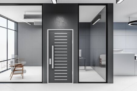 Contemporary waiting room with chairs, wooden floor and plant. Workplace and lifestyle concept. Mock up, 3D Renderingの写真素材