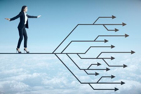 Young businessman walking on abstract digital arrows on blue sky background. Business and challenge...