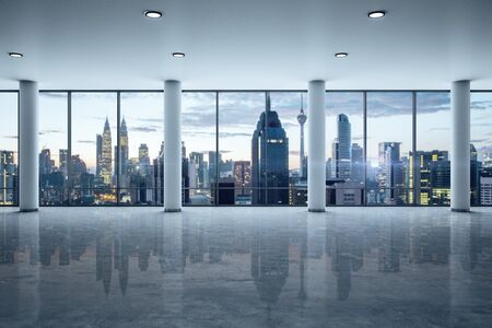Modern office interior with megalopolis city view. Business and success concept. Mock up, 3D...