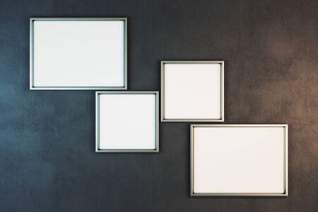 Grunge concrete wall with collection of blank billboards. Art and design concept. Mock up, 3D...