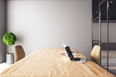 Modern designer desktop with two laptop, supplies and other items. Mock up, 3D Renderingの写真素材