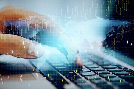Businessman hand using laptop with global business marketing plan. Global business and financial...