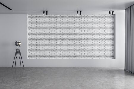 Exhibition hall interior and white brick wall with copyspace. Presentation concept. Mock up, 3D Renderingの写真素材