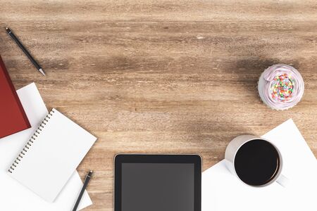 Top view of a office desktop with blank tablet screen and supplies. Mock up, 3D Rendering