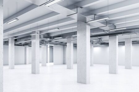 Clean interior with columns and daylight. Design and style concept. 3D Rendering